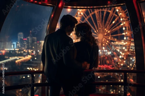 Elevated in a Ferris wheel cabin, a couple shares an intimate moment, their silhouettes contrasting against a vivid tapestry of carnival lights, illuminating the night's magic.