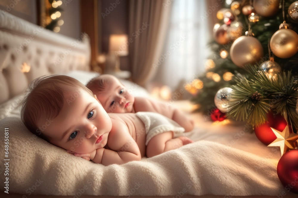 Magical morning. Christmas eve concept. Cozy room. Small children relaxing in bedroom. Toddlers on bed light interior with christmas decorations. Kids lay in bed relaxing. Sweet home. Magical morning. Christmas eve concept. Cozy room. Small children relaxing in bedroom. Toddlers on bed light interior with christmas decorations. Kids lay in bed relaxing. Sweet home.