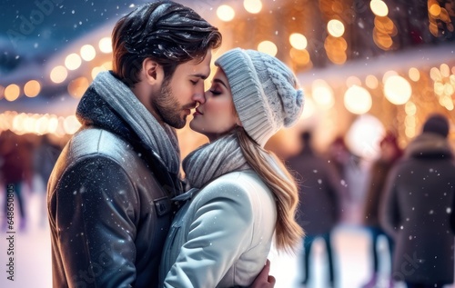 Young beautiful couple in love looking at each other and kissing. Caucasian man and beautiful woman active date ice skating on ice arena in evening winter on Christmas Eve. Romantic night