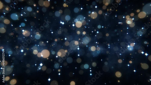 4k Gold Particles Wallpaper.  Motion Background. Golden glitter particle. Black or Dark blue backdrop. Animated Overlay. Defocused bokeh. 2160p. 60 fps