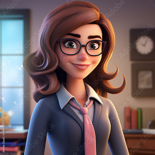 3d female teacher cartoon character on blurred classroom background photo