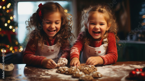 Two girl children toddlers having fun baking Christmas cookies  winter  holiday season  happy holidays