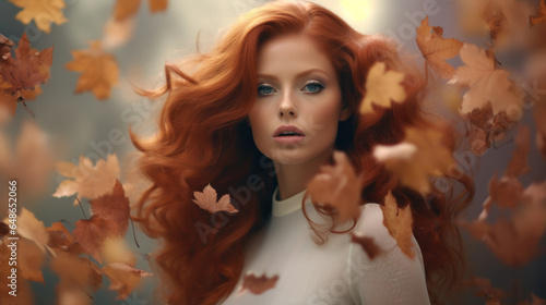 Autumn Elegance: A Redhead in Fall Fashion Amidst Smoky Leaves, Bubbles, Flowers. Ideal for Copy or Greeting Cards. Subtle Pastels. © VK Studio