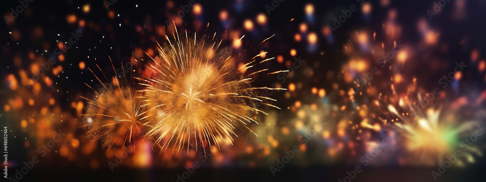 Fototapeta premium closeup of firework and bokeh lights on black background with space for text.generative ai