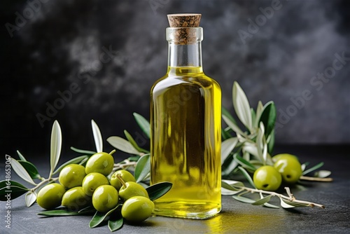 Bottled extra virgin olive oil and some olives fruits on gray background. photo