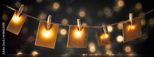 four white Pinned Cards on a String, defocused background dark night with gold bokeh lights.generative ai