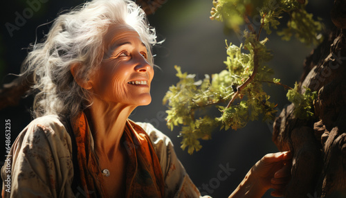 older woman hugging tree,sunny forest,sunny day.hyper realism,hyper detailed generative ai