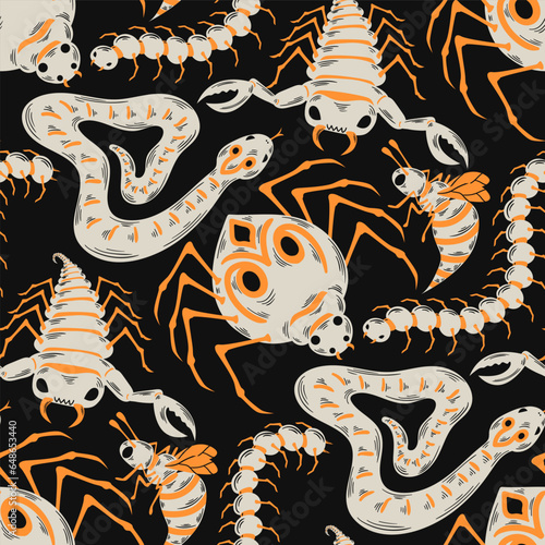 vector halloween venomous animals seamless pattern on black.
