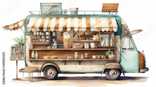 neat watercolor illustration of retro vintage coffee take away on a white background generative ai