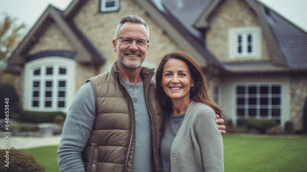 A happy Husband and wife stands smiling in front of a large house. new house concept creating a family.Generative AI.