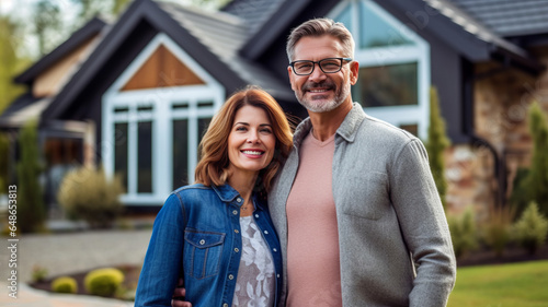 A happy Husband and wife stands smiling in front of a large house. new house concept creating a family.Generative AI.