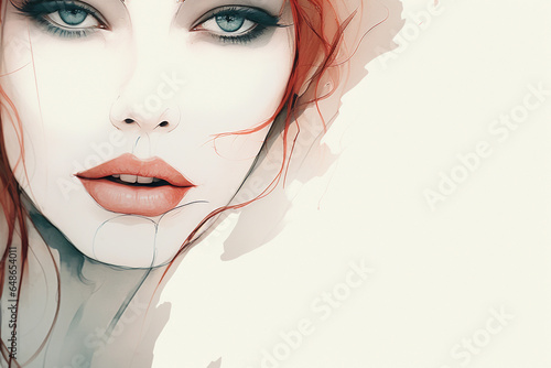 Beauty, fashion, make-up and art concept. Beautiful woman portrait drawing. Model face drawn with muted pastel colors or ink lines style. Generative AI