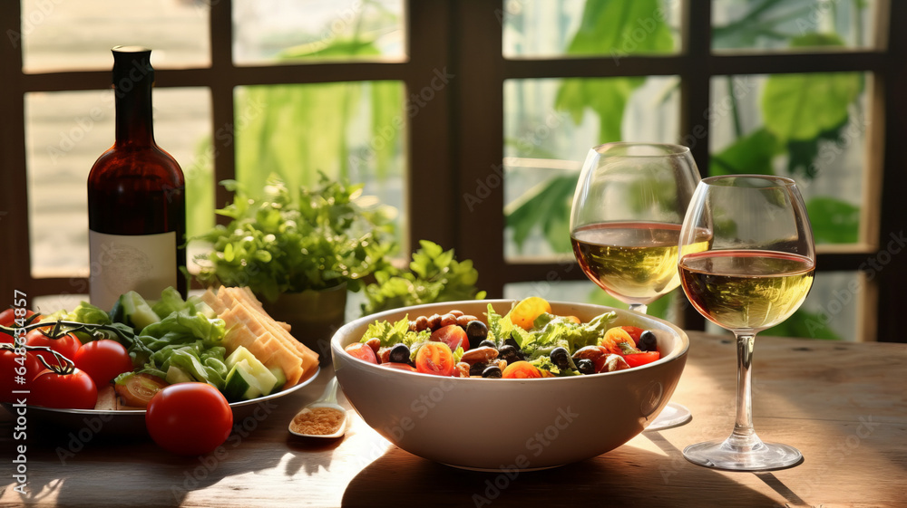 photograph of food and glasses of wine next to a bowl of salad.Generative AI. photograph of food and glasses of wine next to a bowl of salad.Generative AI.
