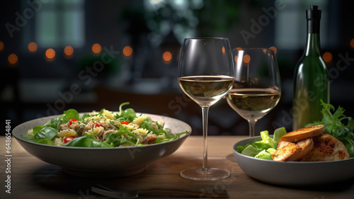 photograph of food and glasses of wine next to a bowl of salad.Generative AI.
