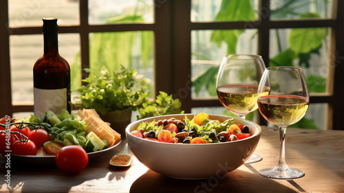 photograph of food and glasses of wine next to a bowl of salad.Generative AI.