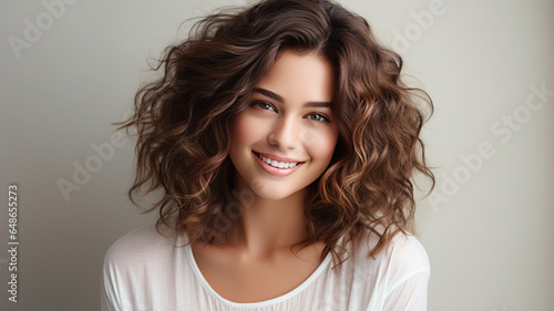 Woman with curly beautiful hair on gray background, girl with beauty short wavy hairstyle.Generative AI.