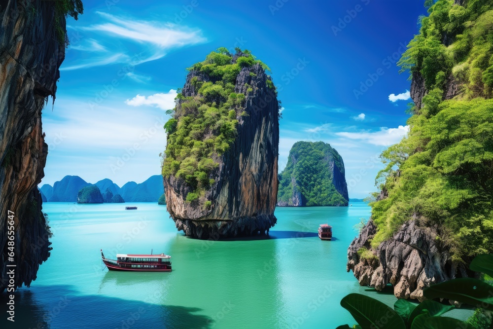 Fototapeta Halong Bay, Vietnam. The island is a tourist attraction. Amazed nature scenic landscape James bond island with a boat for traveler Phang Nga Bay, AI Generated