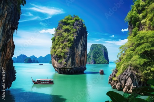 Fototapeta Halong Bay, Vietnam. The island is a tourist attraction. Amazed nature scenic landscape James bond island with a boat for traveler Phang Nga Bay, AI Generated