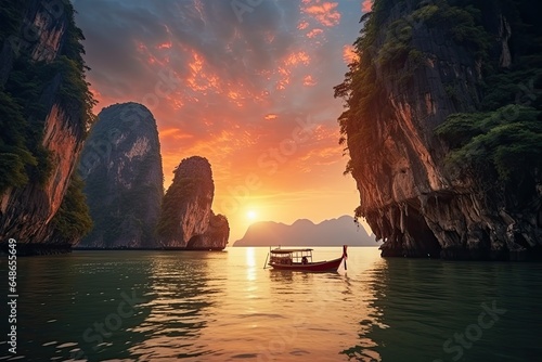Beautiful sunset at Halong bay, Vietnam. Longtail boat on the sea. Amazed nature scenic landscape James bond island with a boat for traveler Phang Nga Bay, AI Generated