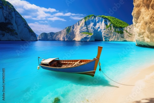 Fishing boat on the beach of Zakynthos island, Greece, Amazing Navagio Beach in Zakynthos Island, Greece, AI Generated photo