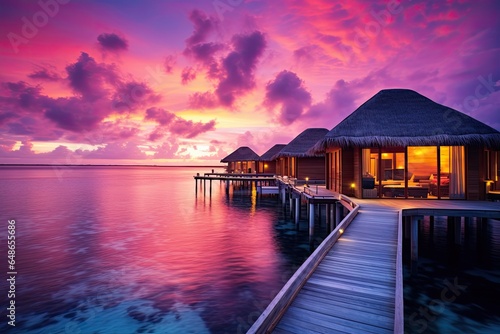 Beautiful sunset at Maldives island with few palm trees and blue lagoon, Picturesque summer sunset in Maldives. Luxury resort villas seascape with soft led lights under colorful sky, AI Generated