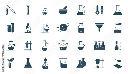 science Laboratory Equipment Icon Set. Pharmacy lab glassware, beakers, test tube, glass, and flask vector illustration 