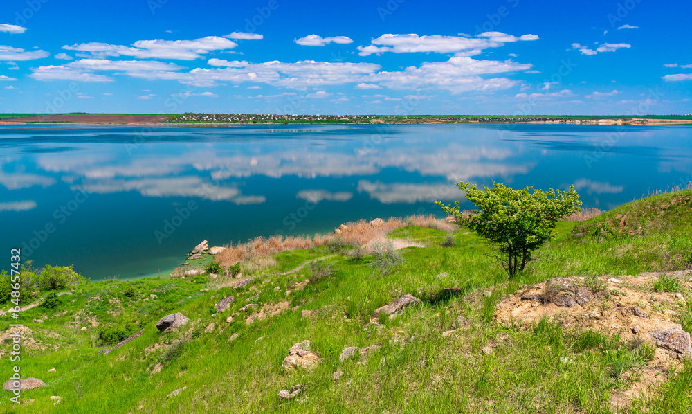 Natural spring landscape of the steppe on the shore of the Khadzhibey estuary