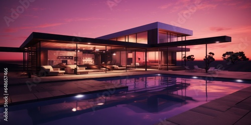 Modern House with a Pool and a Stylish Bar Area, Accentuated by a Light Purple Aesthetic, Perfectly Blending Luxury, Outdoor Living, and Architectural Beauty © Ben