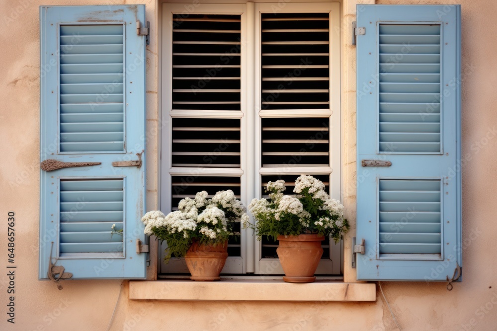 A picture of a window with blue shutters adorned with potted flowers. This image can be used to add a touch of charm and beauty to any home or garden-related project.