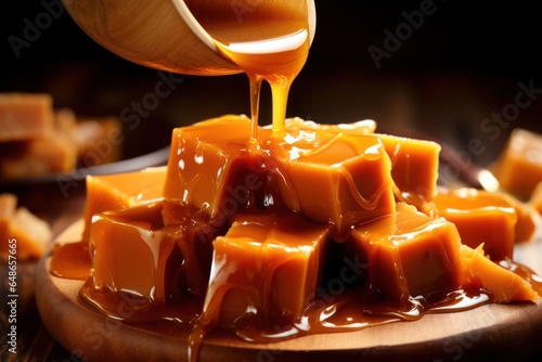 A wooden plate with an assortment of caramel pieces. Perfect for food photography and sweet treat concepts.