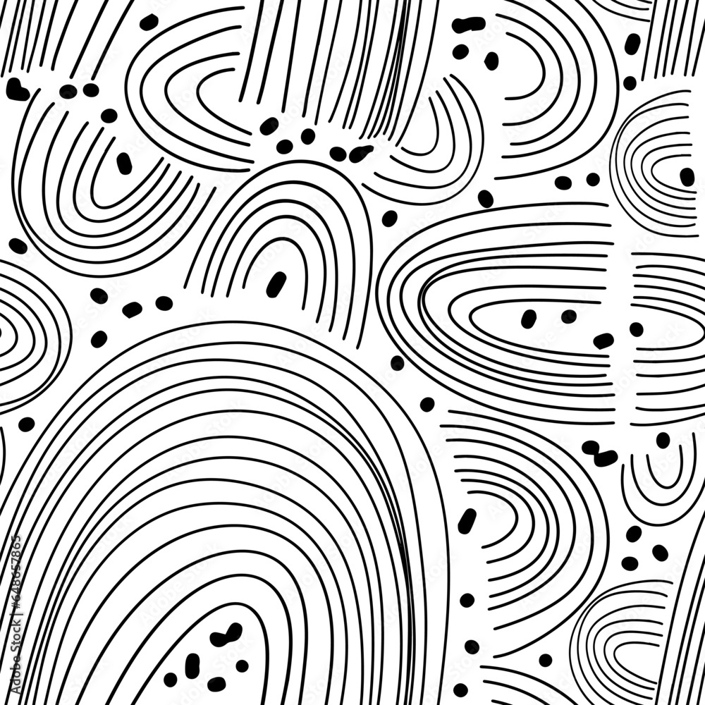 black and white seamless pattern of dots and arcs. Handmade. Vector illustration