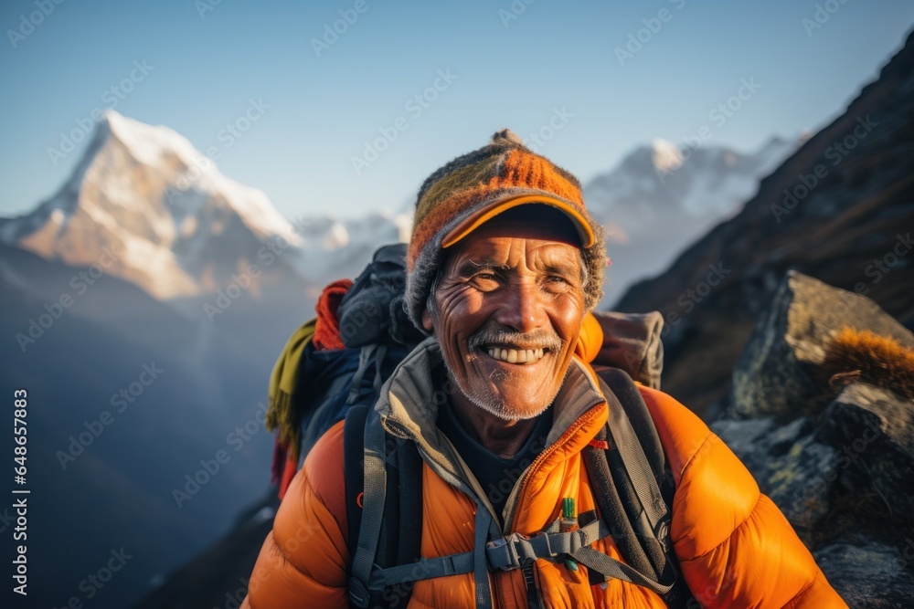 A man with a backpack standing on a mountain peak, enjoying the scenic view. Suitable for travel, adventure, and outdoor concepts. A man with a backpack standing on a mountain peak, enjoying the scenic view. Suitable for travel, adventure, and outdoor concepts.