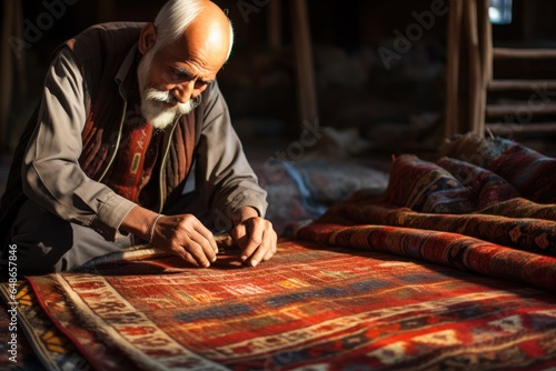 An old man diligently working on a rug. This image can be used to depict craftsmanship, traditional skills, and dedication to one's work.