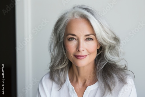 A picture of a woman with grey hair wearing a white shirt. This image can be used to depict elegance, maturity, or professionalism.