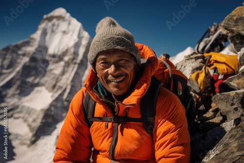 A man wearing an orange jacket stands on a mountain with a backpack. This image can be used to depict outdoor adventure, hiking, or exploring nature.