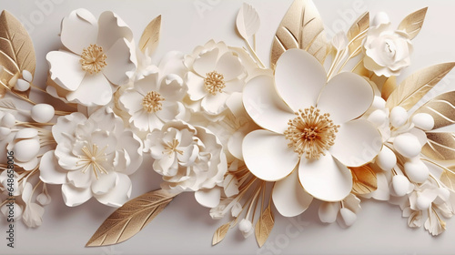 3D Flower poster and wallpaper wallart interior wall decor Gold White Creme Luxus