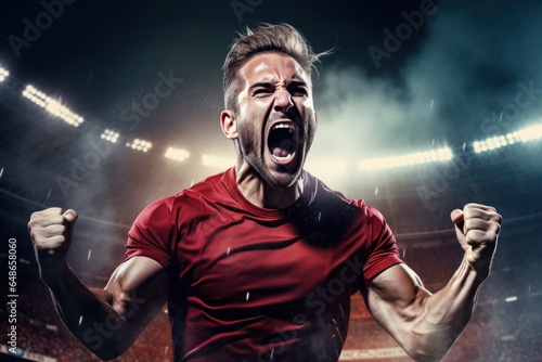 A man wearing a red shirt is captured in a moment of intense screaming at a stadium. This image can be used to portray emotions such as excitement, frustration, or passion in sports events or any inte