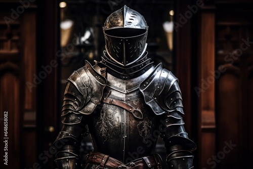 A detailed close up of a person wearing a suit of armor. This image can be used to depict medieval knights, historical reenactments, or as a symbol of protection and strength.