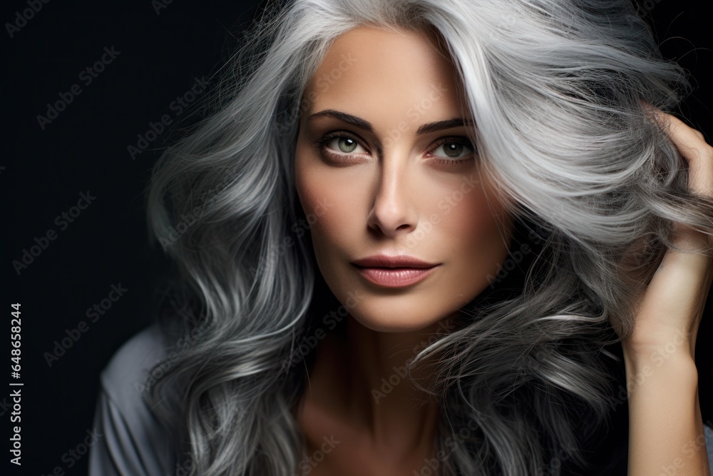 Fototapeta premium A woman with grey hair posing for a picture. This image can be used for various purposes, such as portraying elegance, aging gracefully, or showcasing natural beauty.