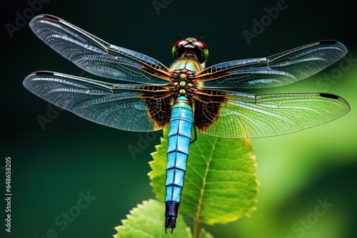 A dragonfly perched gracefully on a vibrant green leaf. This nature photograph captures the delicate beauty of the dragonfly in its natural habitat. Perfect for nature enthusiasts and those seeking im © Vladimir Polikarpov
