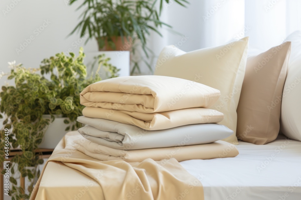 A stack of folded sheets sitting on top of a bed. This image can be used to showcase clean linens, bedroom organization, or household chores. - obrazy, fototapety, plakaty 