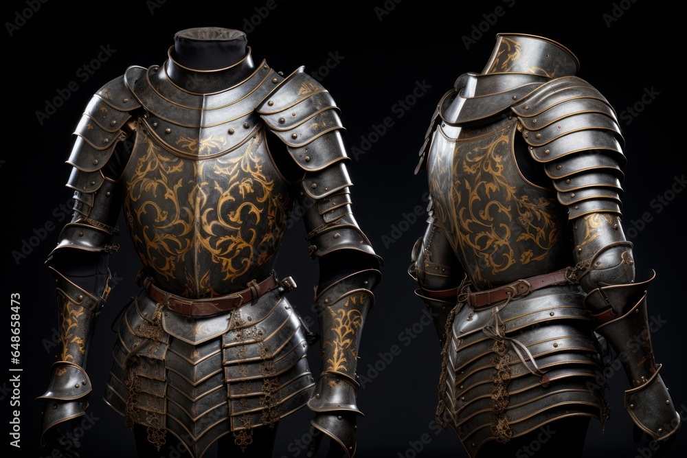 A detailed view of a suit of armor displayed on a mannequin. This image can be used to depict historical reenactments or as a visual representation of medieval times. A detailed view of a suit of armor displayed on a mannequin. This image can be used to depict historical reenactments or as a visual representation of medieval times.