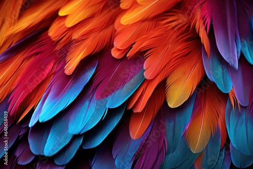 A detailed view of the vibrant and colorful feathers of a bird. This close-up image showcases the intricate patterns and brilliant colors found in the feathers. Perfect for nature enthusiasts, birdwat © Fotograf