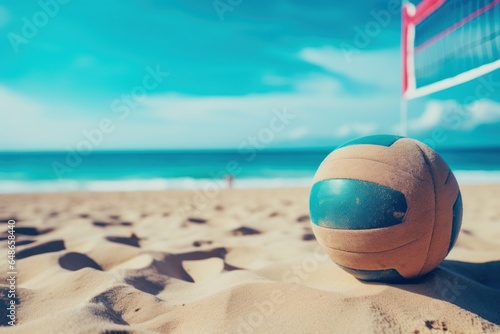 A volleyball ball is pictured on a beach with a volleyball net in the background. This image can be used to represent beach sports and recreational activities. photo