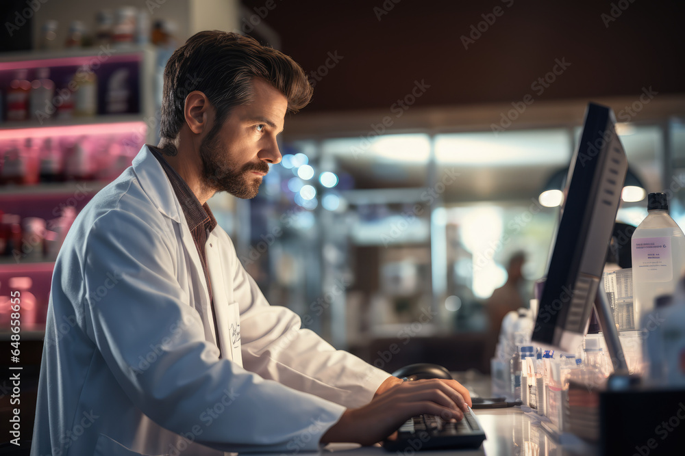 A pharmacist using an automated medication dispensing system to ensure accurate prescriptions. Generative Ai. A pharmacist using an automated medication dispensing system to ensure accurate prescriptions. Generative Ai.