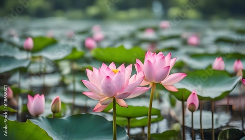 Beautiful pink lotus flower with leaves in the river