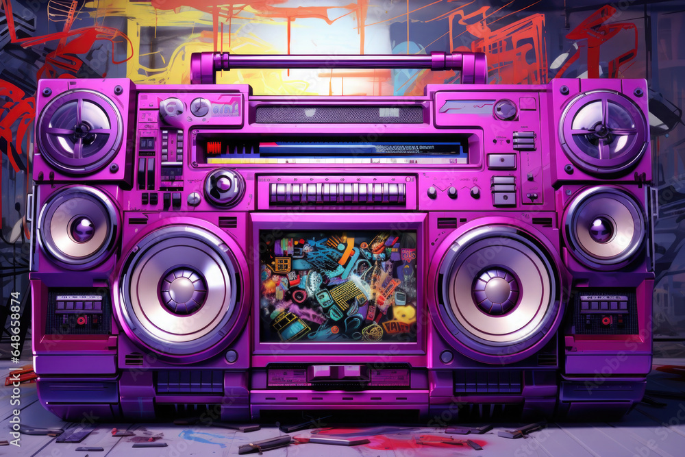 Fototapeta premium Retro style cassette tape recorder on the street with graffiti. Street dancing using boombox. Youth subculture in the style of 1980s