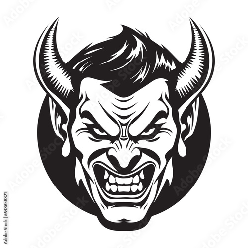 Vector illustration. Male portrait of a malevolent laughing devil businessman with horns.