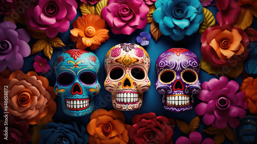 Festive sugar skulls decorated with flowers. Banner for traditional Mexican holiday Day of the dead. Dia de los Muertos composition