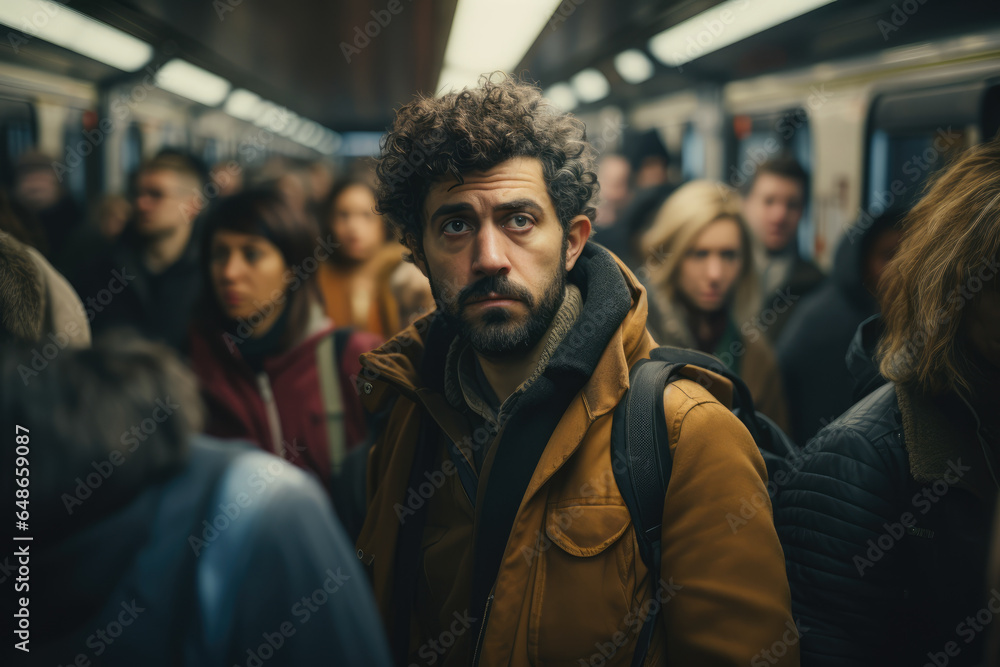 A diverse group of people commuting in a crowded subway, depicting the challenges of urban transportation. Generative Ai. A diverse group of people commuting in a crowded subway, depicting the challenges of urban transportation. Generative Ai.
